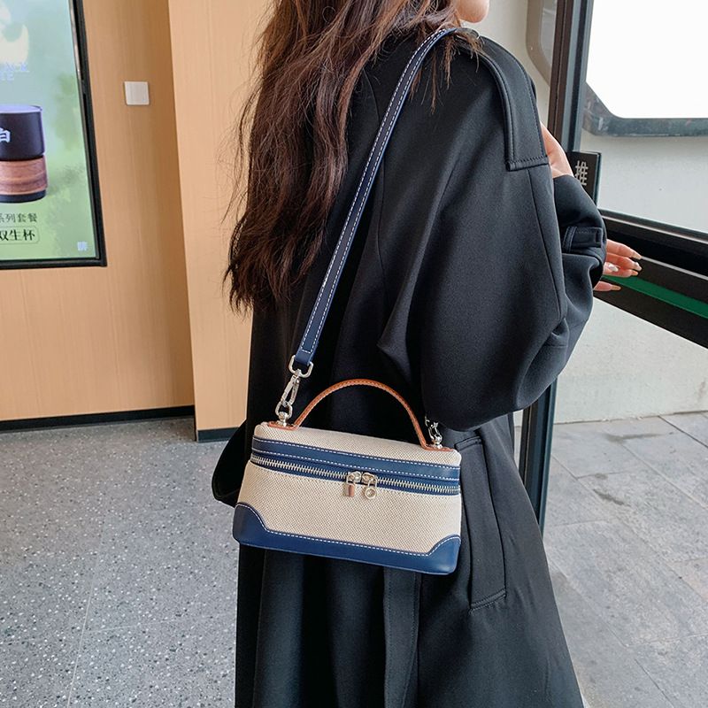 Modische kleine quadratische Handtasche für Damen 2023 Neue gespleißte Umhängetasche aus Canvas in Kontrastfarbe_voghion.com