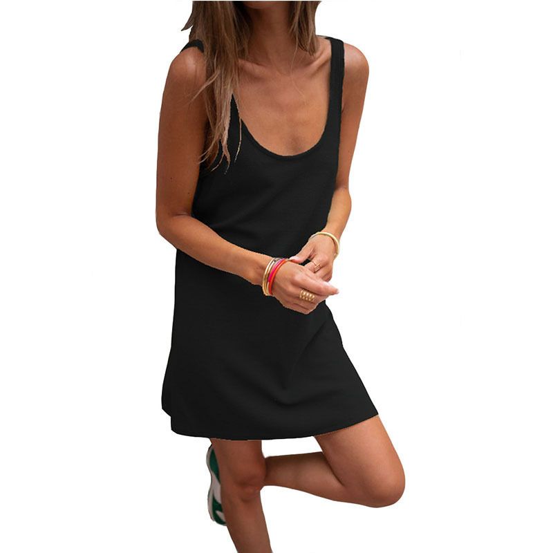 Damenbekleidung neues einfarbiges, ärmelloses, lockeres Hosenträgerkleid, lässiges Sommerkleid_voghion.com