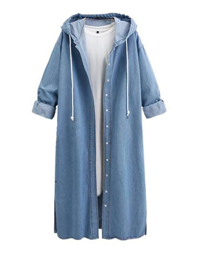 Herbst/Winter Neuer, langärmeliger Jeansmantel mit Kapuze, einreihiger langer Trenchcoat_voghion.com