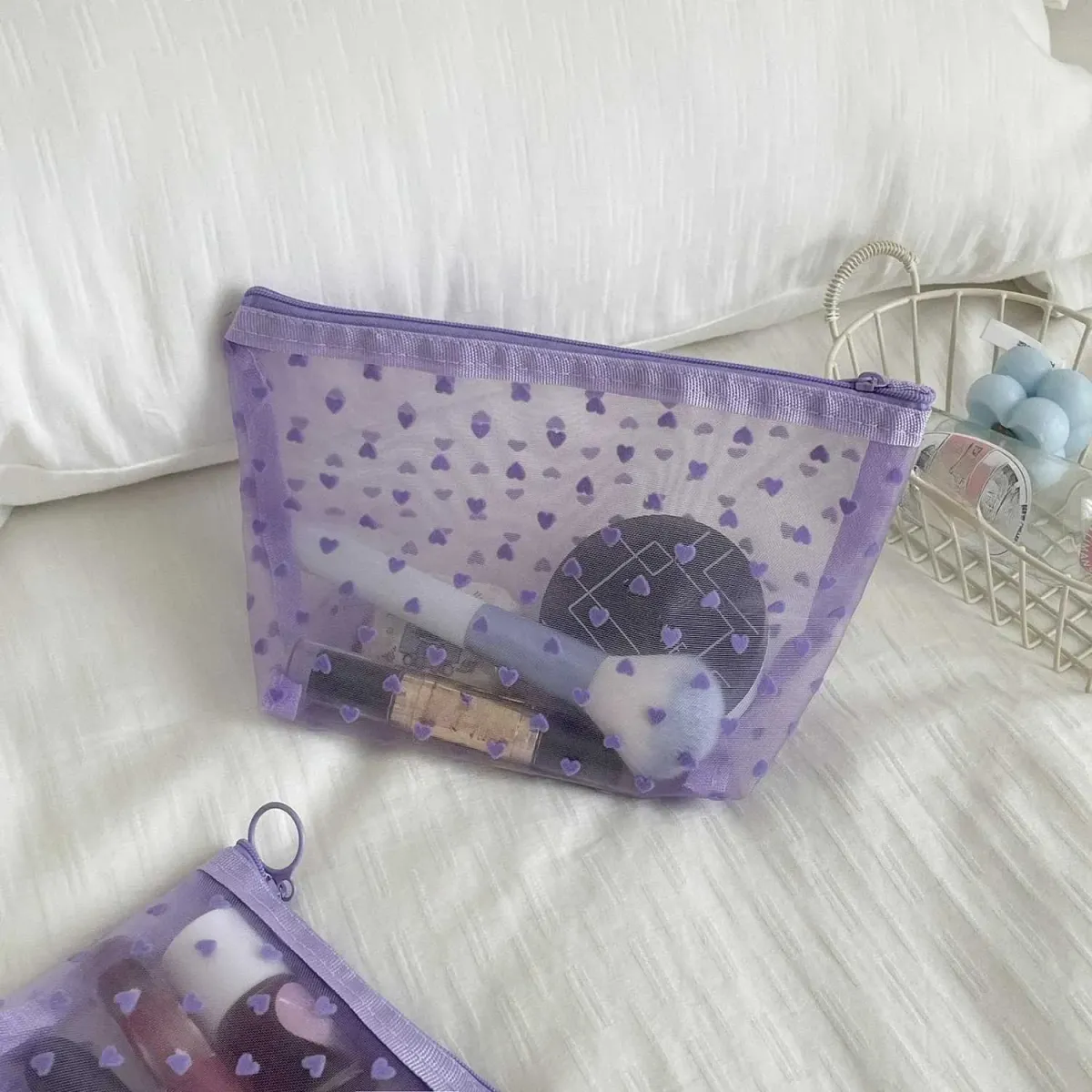 Purple heart-shaped printed mesh transparent portable travel makeup organizer toilet storage paper bag wallet Y241023_voghion.com