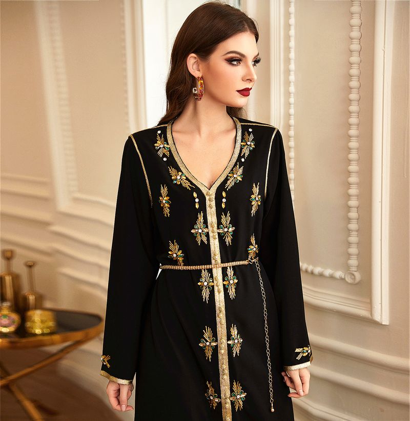 Vestido de fiesta para mujer, con cuello en V, borde dorado y cristales de imitación, cosido a mano_voghion.com