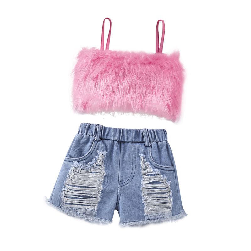 Abbigliamento per bambina Top allacciato in tinta unita per bambina + tailleur pantalone strappato in denim_voghion.com
