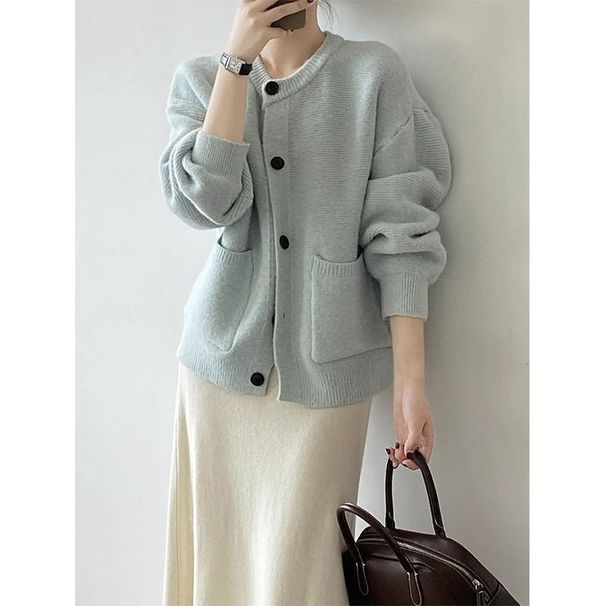 Einfarbig pullover jacke für frauen, mid zu lange stil, 2024 frühling herbst neue artikel, rundhals gestrickte strickjacke, lose_voghion.com