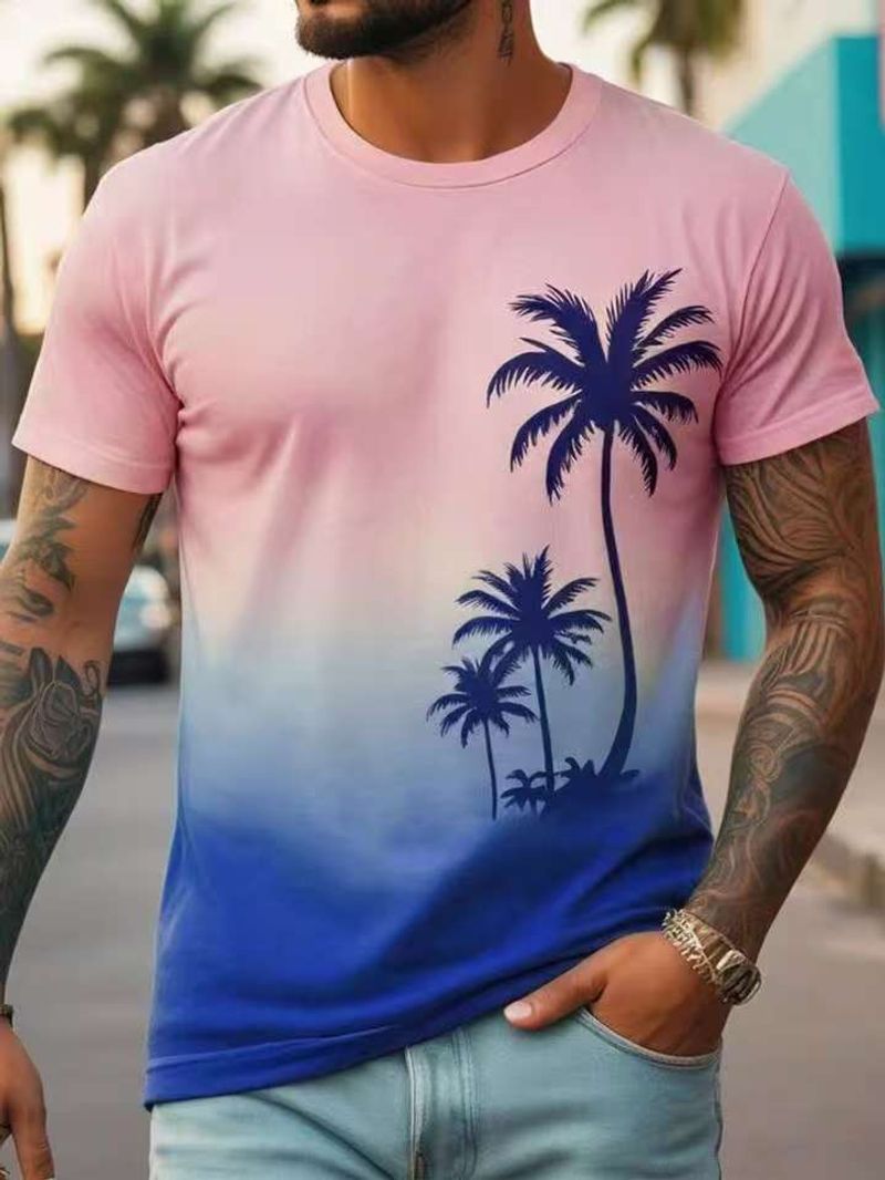 Fornitura transfrontaliera di maglietta a maniche corte in stile hawaiano con albero di cocco per uomo, estiva, con stampa sfumata, stile spiaggia, casual, a maniche corte, da uomo_voghion.com