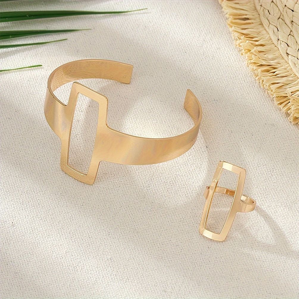 Set di gioielli da donna con bracciale aperto e anello geometrico in metallo, stile punk esagerato_voghion.com
