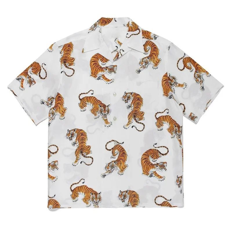 Chemise hawaïenne à imprimé tigre, manches courtes, haut noir, vêtements vintage pour hommes, vacances à la plage_voghion.com