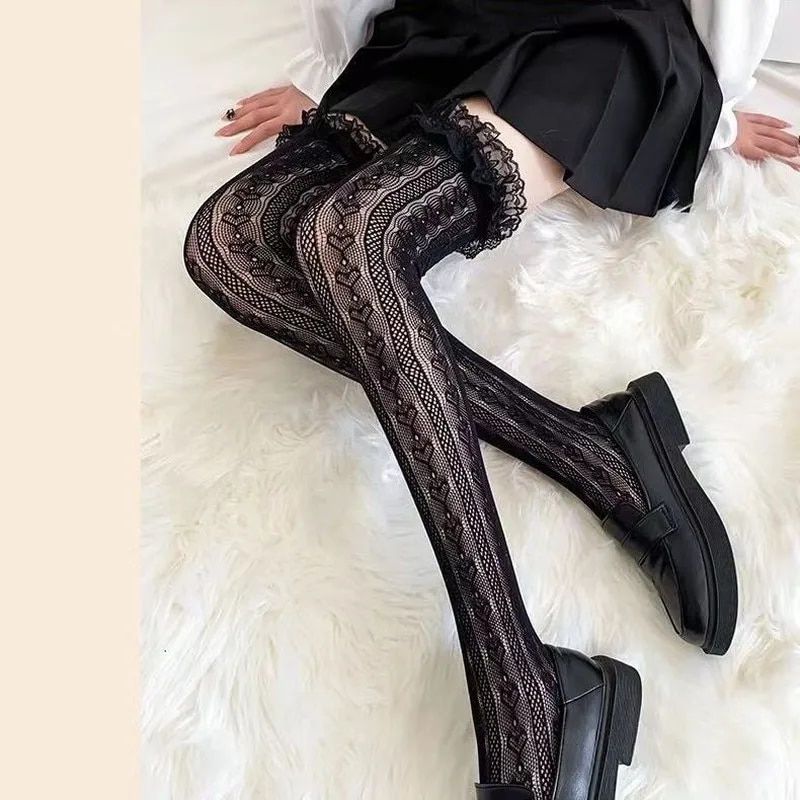 Kadınlar Seksi Dantel Üst Çiçek Rattan Fishnet Tüp Örgü Diz Üzerinde Vücut Çorapları Uyluk Yüksek Çorap Goth Uzun Çorap_voghion.com