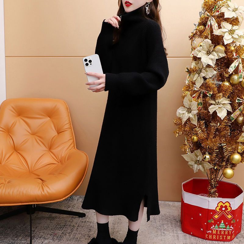 Abito lungo in maglia taglie forti per donna, abito in maglia con collo alto, maglione invernale spesso e caldo, vestibilità comoda ed elastica_voghion.com