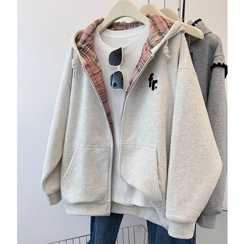 Women's Clothing Zipper Plaid Patchwork Jacket Autumn And Winter Sweater Loose Design Niche Hooded Cardigan Sweater_voghion.com
