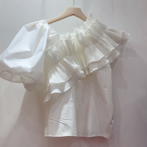 Damenbekleidung Mode unregelmäßige Rüschen V-Ausschnitt Shirt Damen Kurzarm Sommer Design Nische gelb kurzes Top_voghion.com