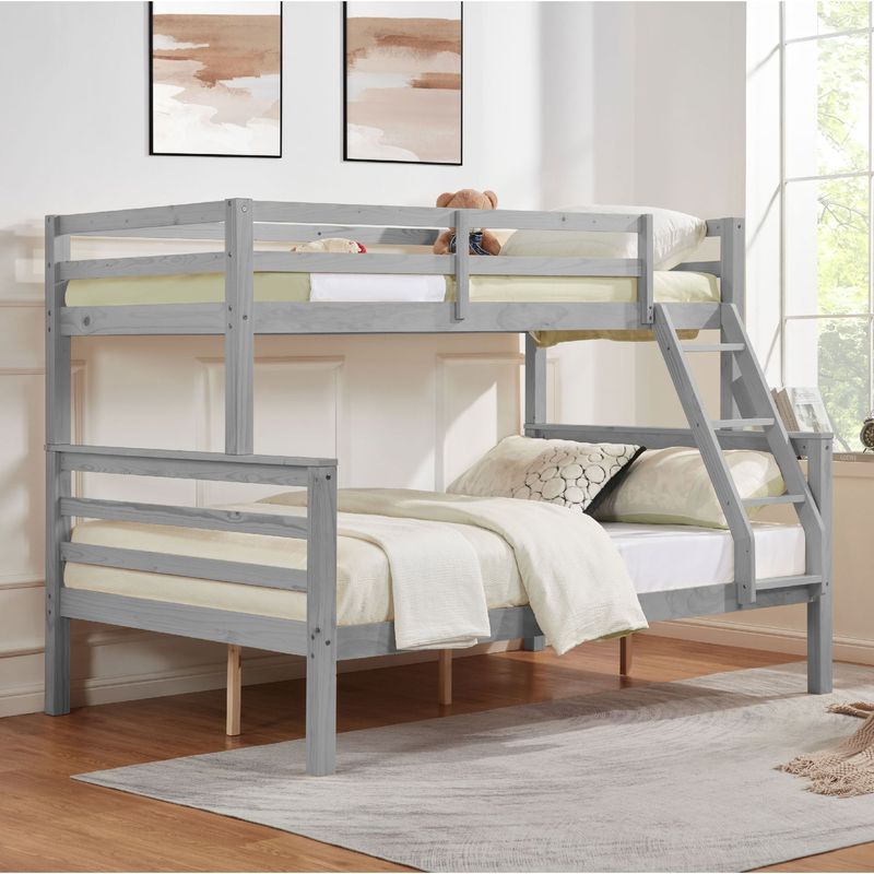 Twin Over Full Bunk Bed With Thick Posts,Wooden Bunk Bed With High Guardrail And Ladder For Kids, Teens, Dorm Rooms, And Guest Rooms,No Box Spring Needed,Grey_voghion.com