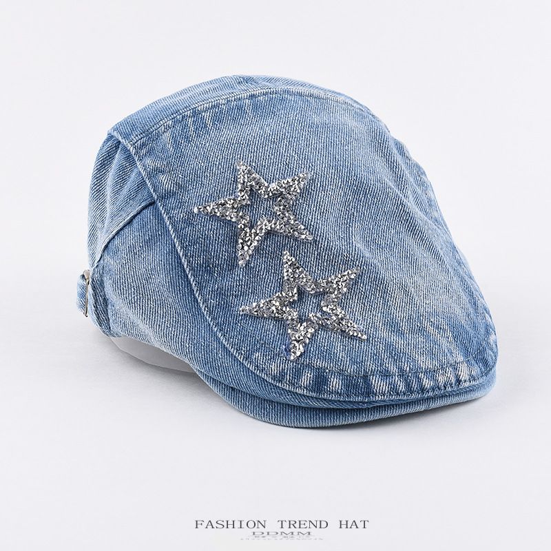 Old washed denim pentagonal star forward women in spring and summer, painter hat with duck tongue back, beret for men_voghion.com
