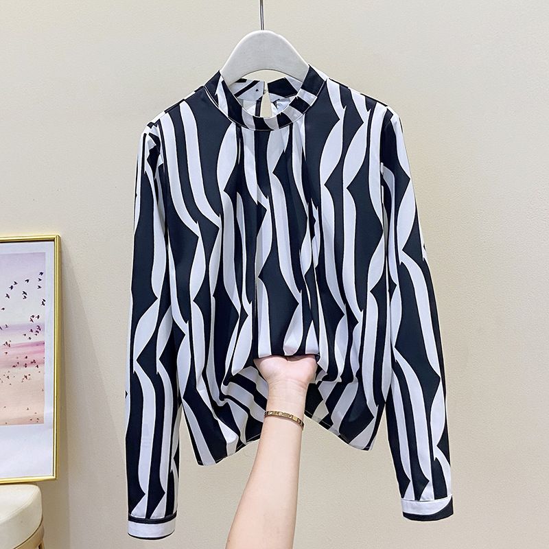 Women's Striped Chiffon Shirt - Elegant Long Sleeve Blouse For Office & Casual Wear, Flowy Loose Fit, Comfortable Stretch Fabric, Trendy Spring Top_voghion.com