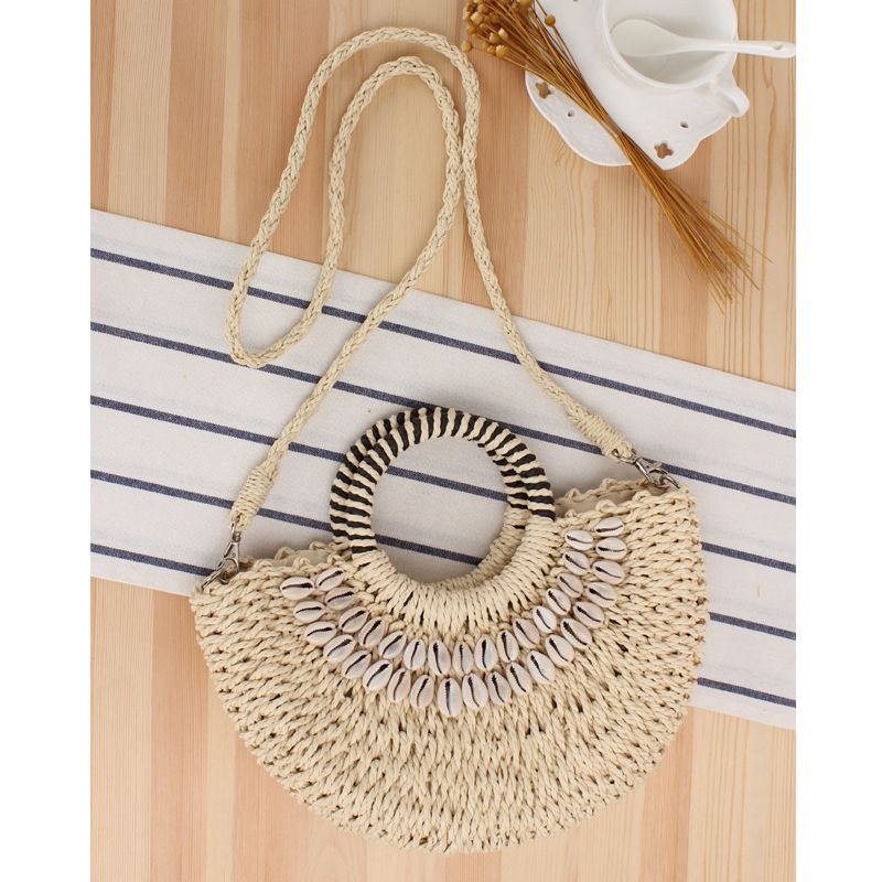Borsa a mano minimalista in rafia semicircolare - Borsa da spiaggia intrecciata con conchiglie naturali, borsa a tracolla boho chic per donna_voghion.com