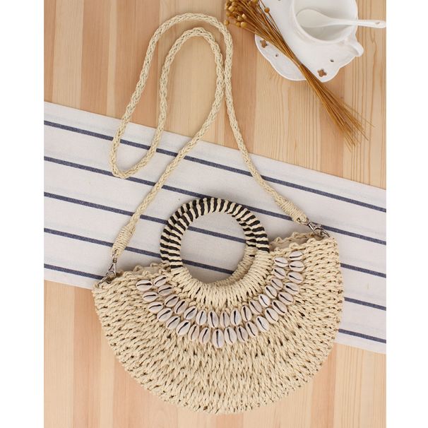 Borsa a mano minimalista in rafia semicircolare - Borsa da spiaggia intrecciata con conchiglie naturali, borsa a tracolla boho chic per donna_voghion.com