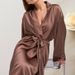 Satin Lace Trim Kimono Robe For Women - Sexy V-Neck Loungewear With Belt & Thigh Slit - Lightweight Polyester Sleepwear For Bedroom & Spa_voghion.com