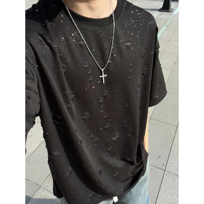 Maglietta estiva a maniche corte speciale per uomo, modello Niche Starry Sky Hole, modello Bottoming maschile_voghion.com