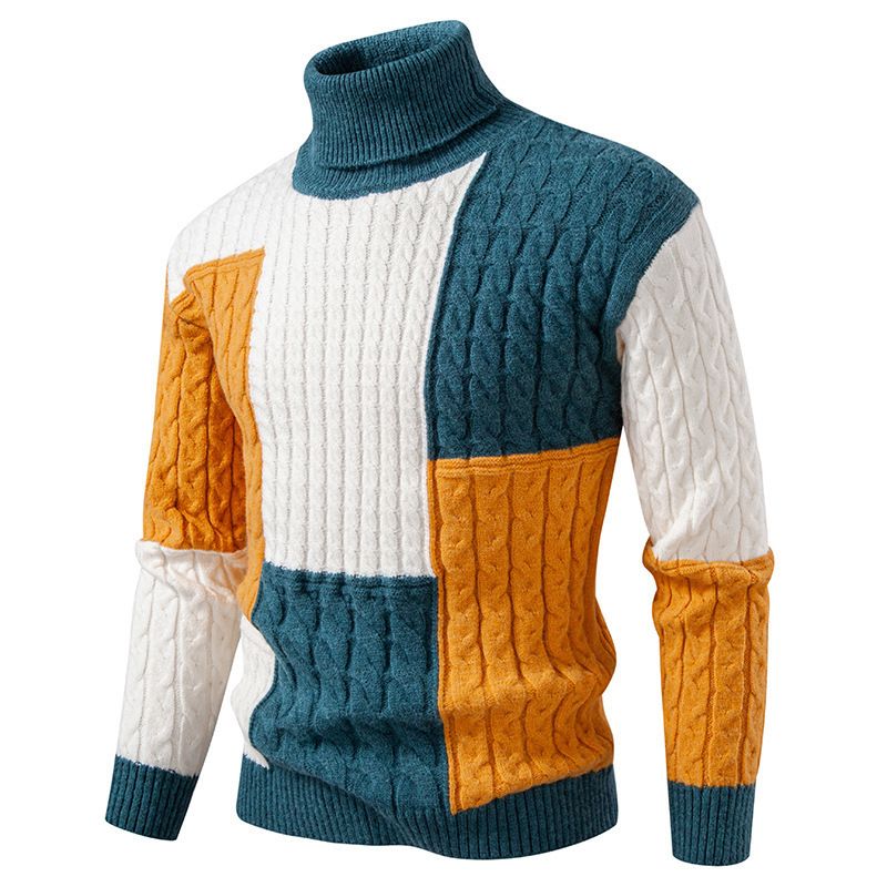 Herrenpullover mit Farbblock und hohem Kragen – Übergroßer Strickpullover, maschinenwaschbar und dehnbar, trendige Winterkleidung_voghion.com
