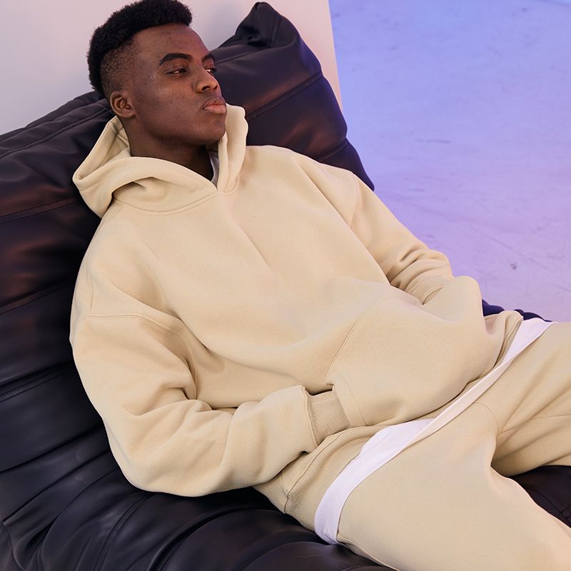 Felpa con cappuccio oversize pesante da uomo, felpa casual alla moda, felpa da uomo color cachi_voghion.com