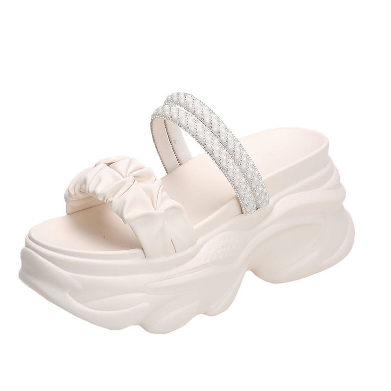 Trendy Summer New Slippers Korean Style Double Wear Thick Sole Platform One Word High Heel Wedge Pleated Sandals Round_voghion.com
