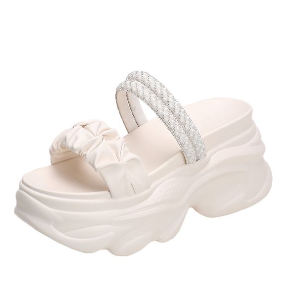 Trendy Summer New Slippers Korean Style Double Wear Thick Sole Platform One Word High Heel Wedge Pleated Sandals Round_voghion.com