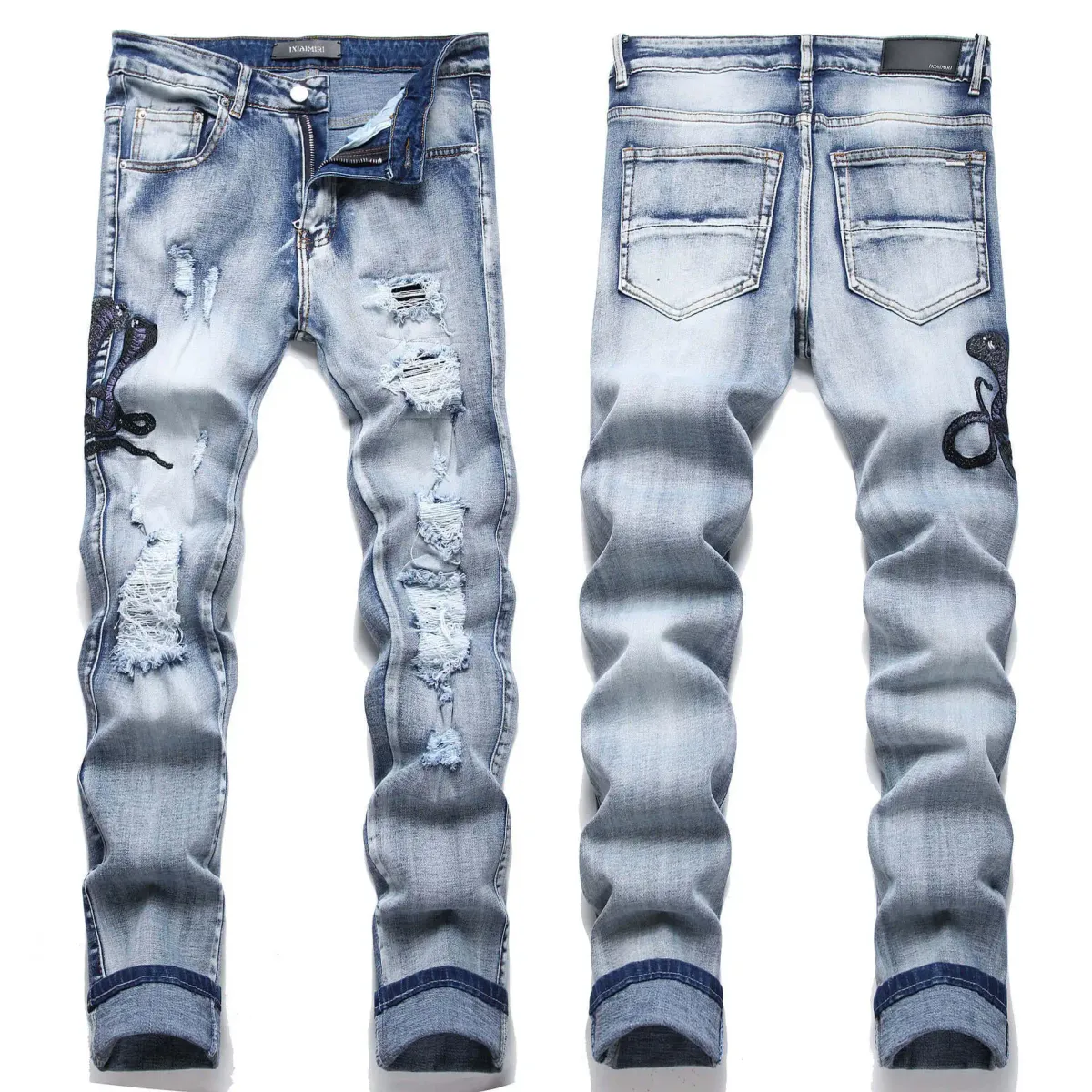 Jeans stile street con ricamo serpente dagli occhi blu per adolescenti, vita elastica, materiale in cotone, adatti per scene casual_voghion.com
