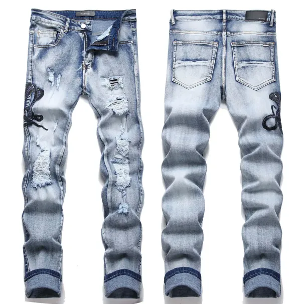 Jeans stile street con ricamo serpente dagli occhi blu per adolescenti, vita elastica, materiale in cotone, adatti per scene casual_voghion.com