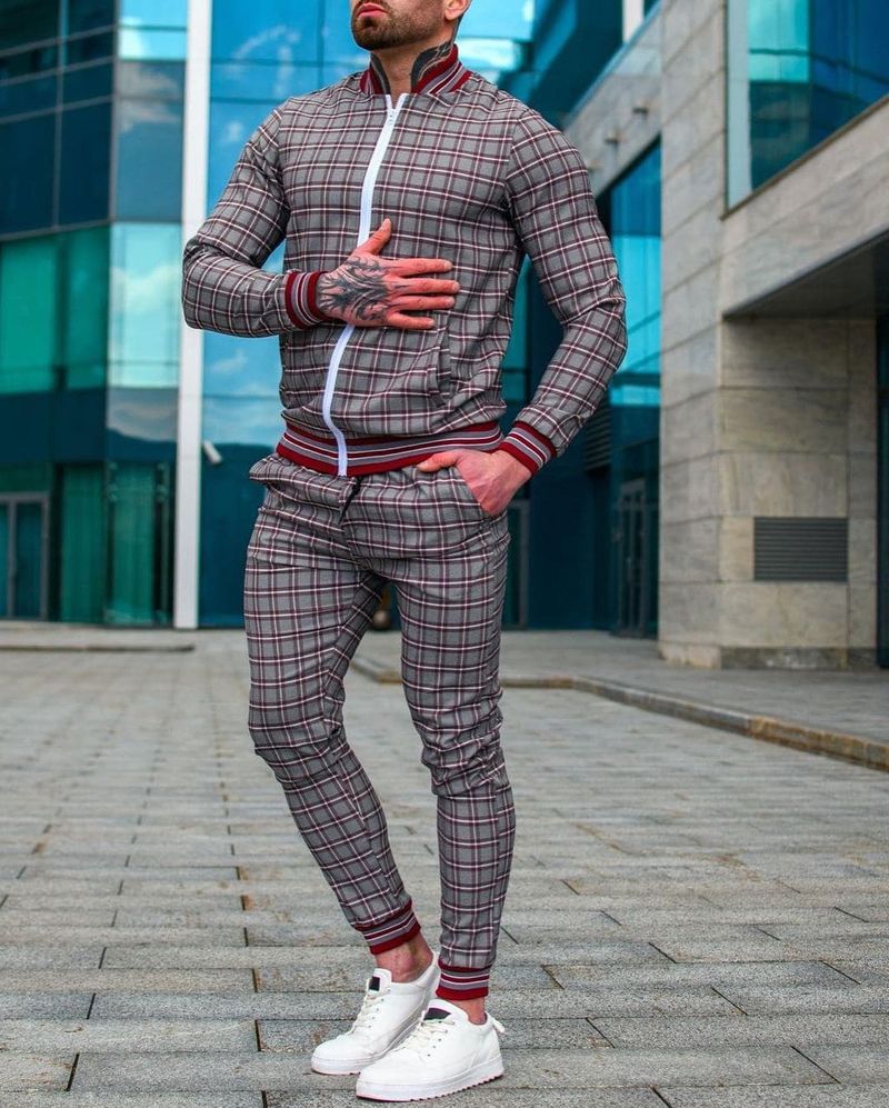 Herrenbekleidung Dünn Kariert Mode Reißverschluss Jacke Hose_voghion.com