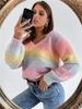 Pullover für Damen 2024 neuer unregelmäßiger Farbverlauf-Regenbogen-V-Ausschnitt-Mohair-Strickpullover_voghion.com