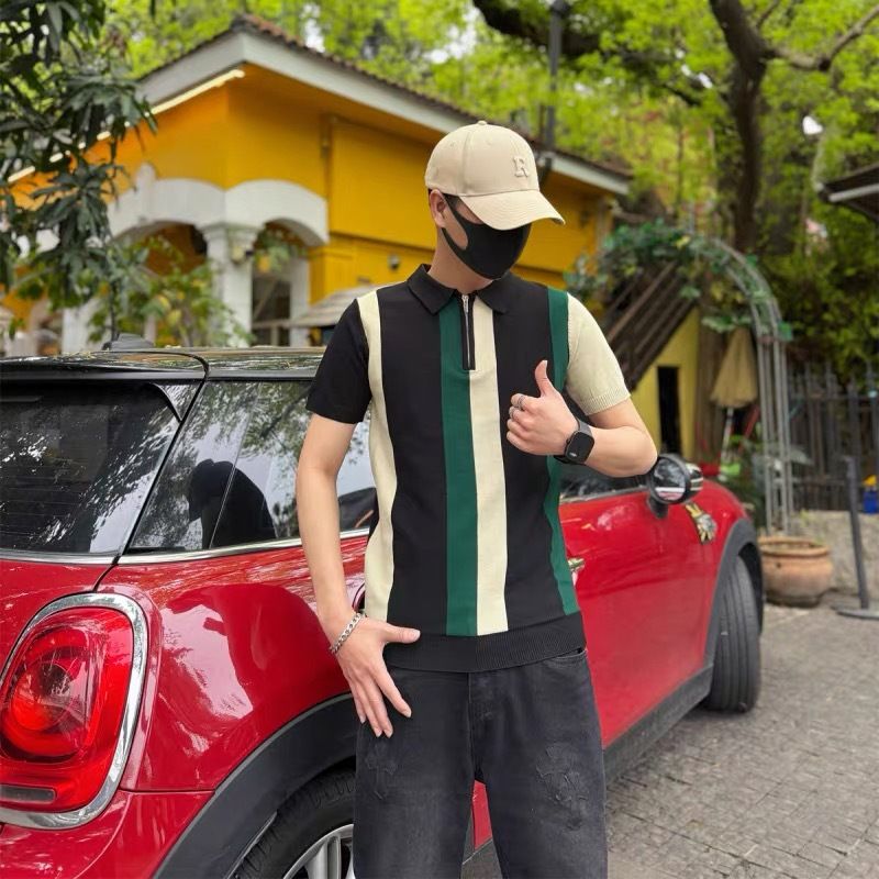 Herrenbekleidung Poloshirt Revers Kurzarm Strickpullover Für Männer Halbreißverschluss Farbe Business Slim Fashion_voghion.com