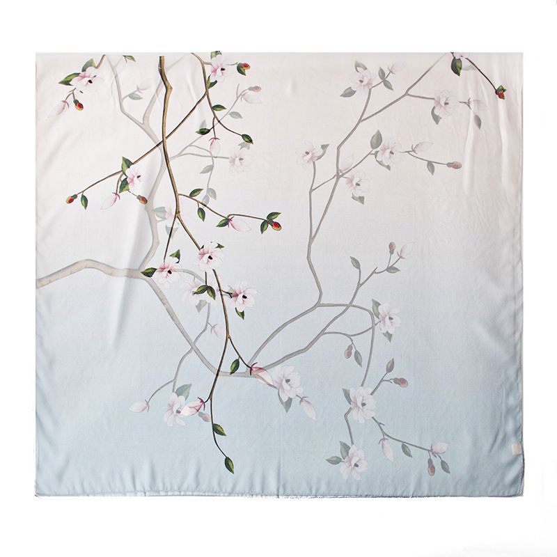 Confezione regalo in seta di gelso al 100% 2024 Sciarpa da donna sottile di alta qualità stampata in stile cinese con fiori di pesco azzurro_voghion.com