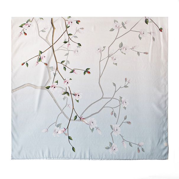 Confezione regalo in seta di gelso al 100% 2024 Sciarpa da donna sottile di alta qualità stampata in stile cinese con fiori di pesco azzurro_voghion.com