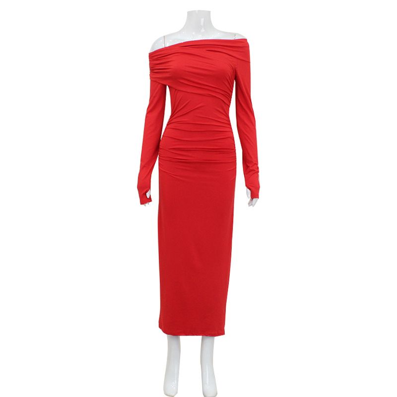 Women’s Clothing New Dress Women's Clothing One Shoulder Long Sleeved Temperament Waist Hip Skirt Elegant Retro Red_voghion.com