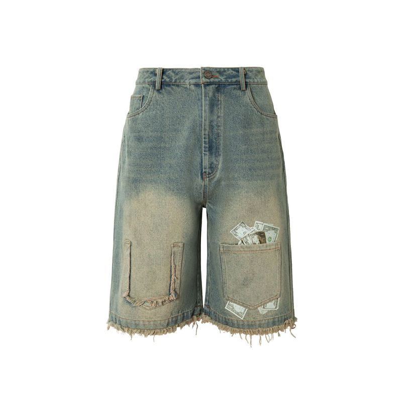 Pantaloncini in denim sfumato vintage da strada con tasche sfilacciate e gambe larghe_voghion.com