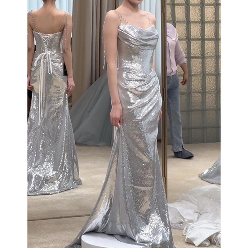 Abbigliamento da donna Abito da sera in argento Nuovo stile Abito da banchetto per ospite Abito da sposa con fionda Abito da brindisi Donna_voghion.com