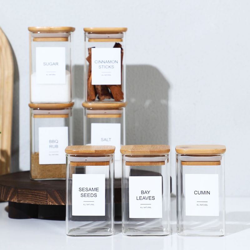 18 PCS Square Seasoning Jar Pepper Seasoning Bottle Pepper Powder Bottle 240ml Bamboo Wood Glass Seasoning Tank Square Spice Bottle_voghion.com