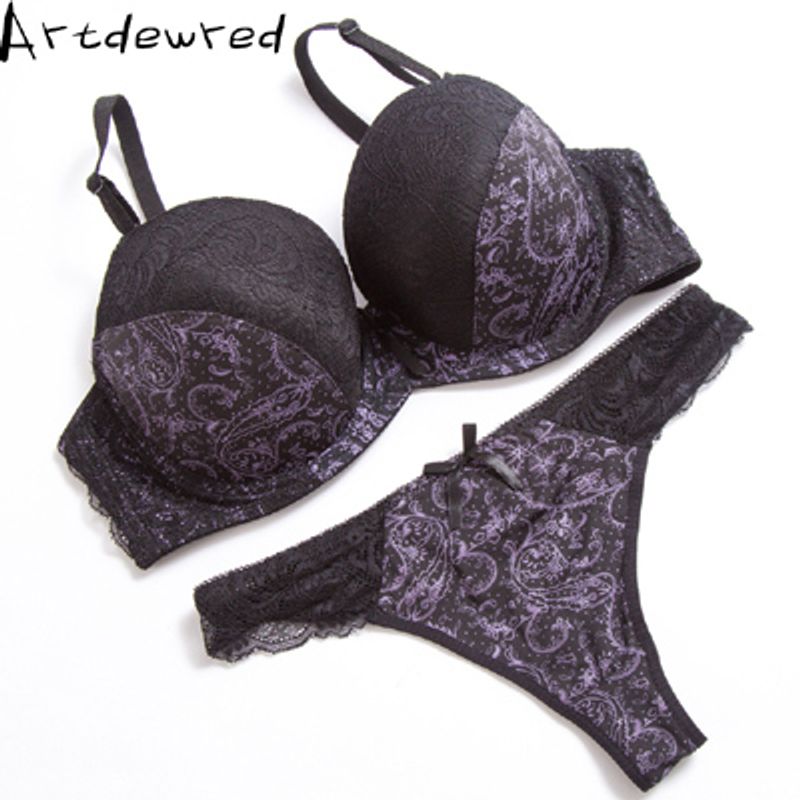 Sexy Thong Lace Push Up Bra Set Lingerie Women Underwear Intimates Embroidery Floral Black White Big Size Bra Brief_voghion.com