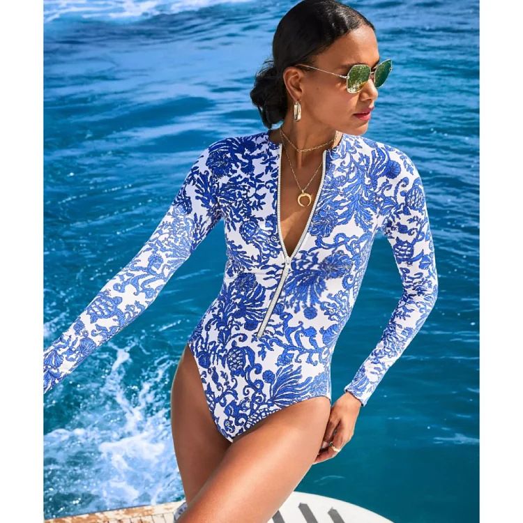 Women's Clothing New Blue Print Sexy Triangle One Piece Swimsuit Round Neck Racing Zipper Surfing Suit_voghion.com