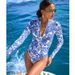 Women's Clothing New Blue Print Sexy Triangle One Piece Swimsuit Round Neck Racing Zipper Surfing Suit_voghion.com