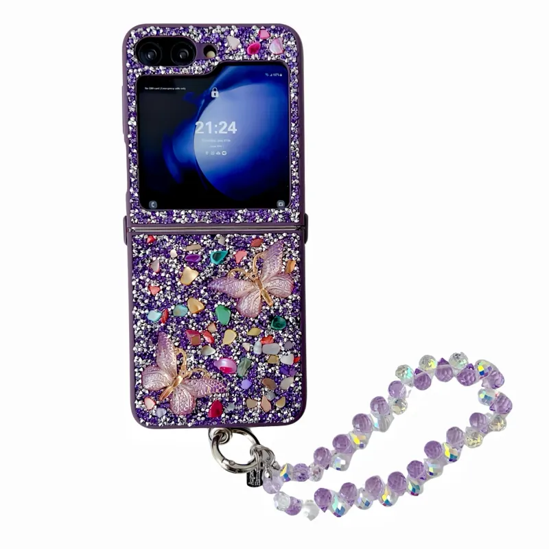 Unique Elegant Crystal Stone Lanyard Butterfly Pattern Case For Samsung Galaxy Z Flip 7 6 5 4 3 Camera Shockproof_voghion.com