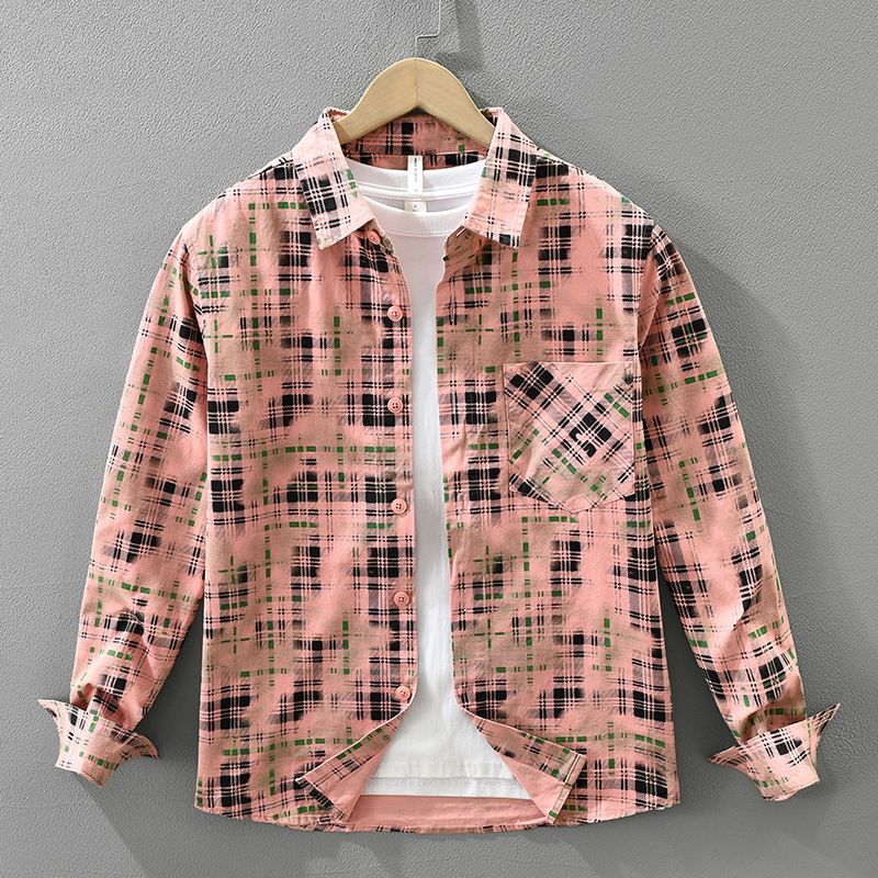 Camicia a maniche lunghe a quadri alla moda per uomo, alla moda e versatile, top ampio e casual._voghion.com