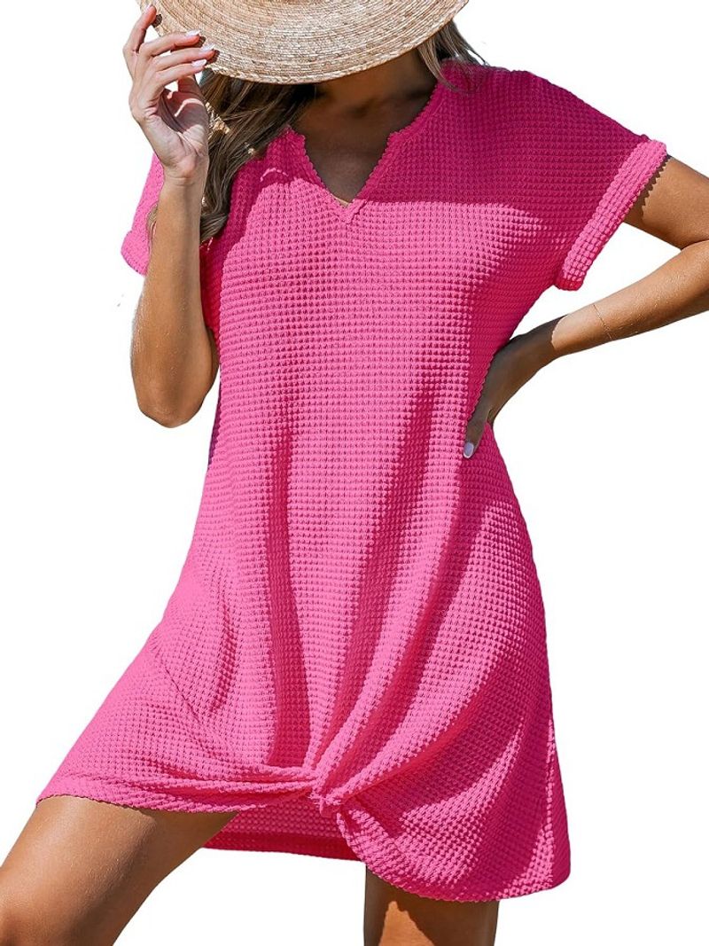 Lässiges, ärmelloses Strandkleid mit V-Ausschnitt und gedrehtem Knoten für Damen – leichtes, sonnengeschütztes A-Linien-Sommerkleid für den Sommer_voghion.com