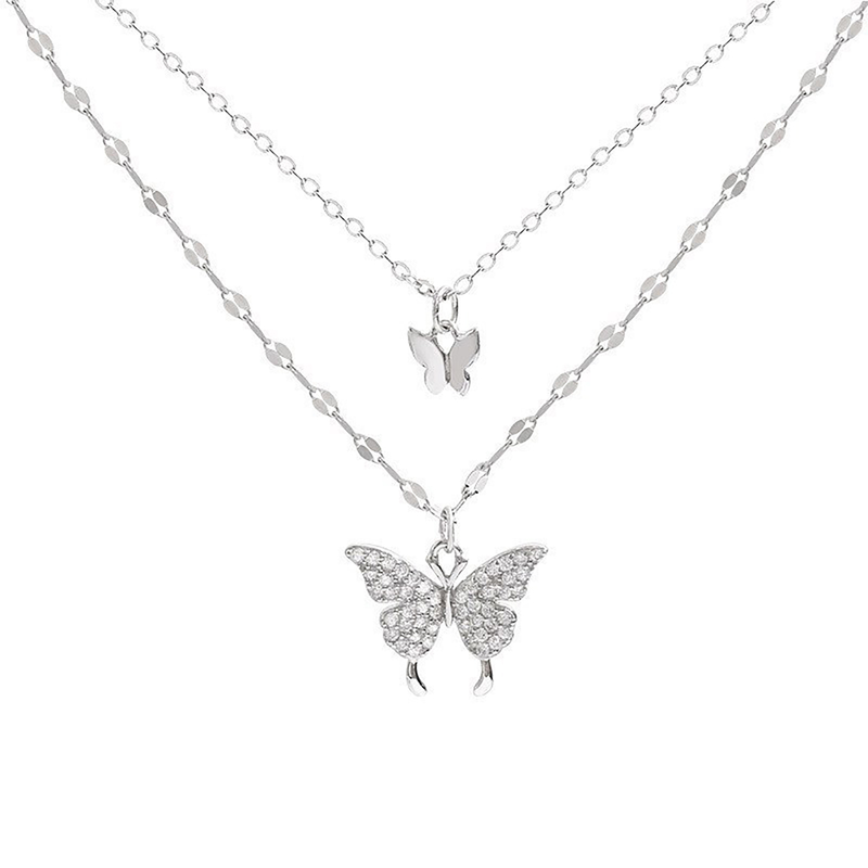 Qianbihe Collana a Farfalla a Doppio Strato in Lega Antiruggine Ciondolo a Farfalla Personalità Moda Clavicola Catena per Donna-Argento_voghion.com