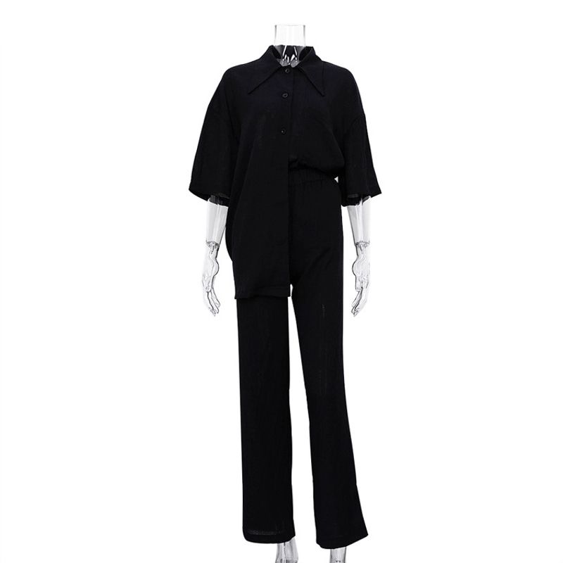 Vêtements pour femmes nouvelle arrivée chemise à manches mi-longues simple marron deux pièces ensemble décontracté pantalon ample_voghion.com