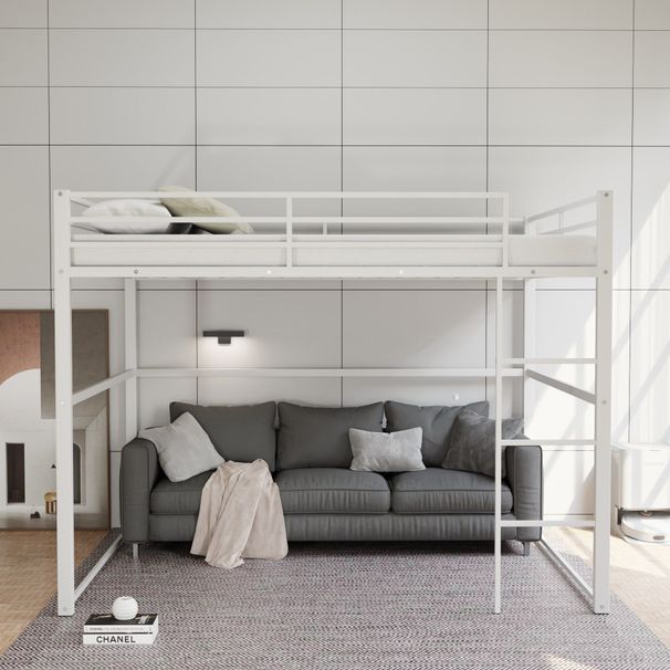Metal Loft Bed Full Size, Loft Bed Frame With Safety Guard Rails & Flat Ladder, Twin Loft Bed For Kids Teens Adults, White_voghion.com