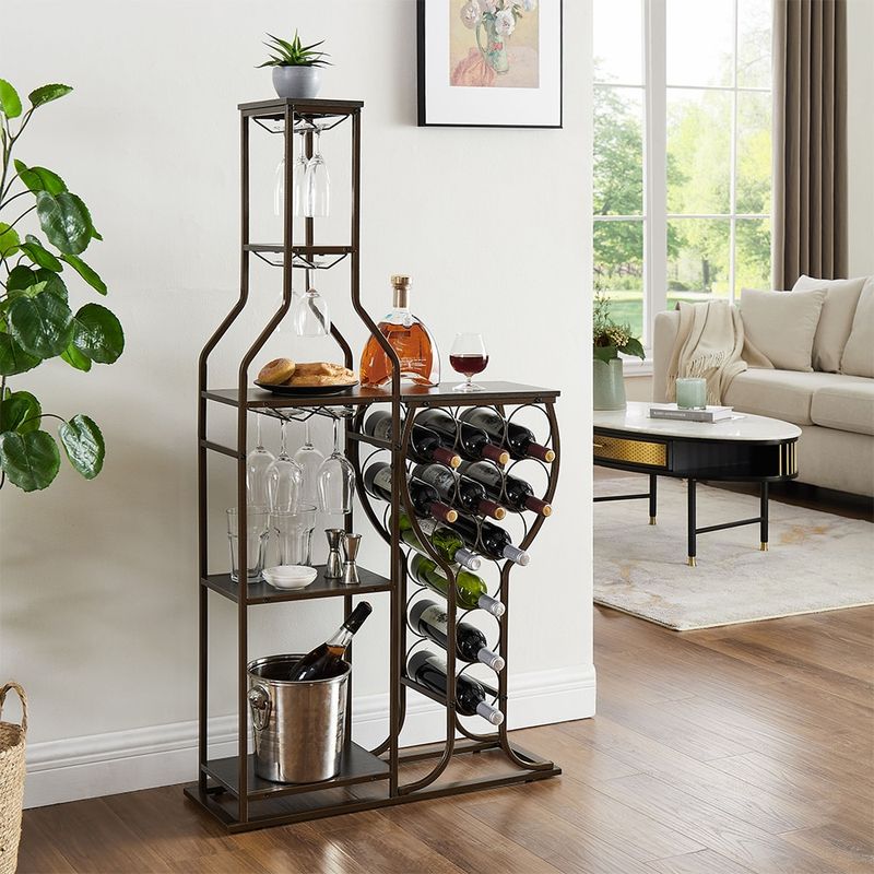 Grey 11-Bottle Floor Wine Rack,5 Tier Freestanding Wine Rack With Wine Glass Holder And Storage Shelves,for Home Bar,Living Room,Dining Room,Gift_voghion.com