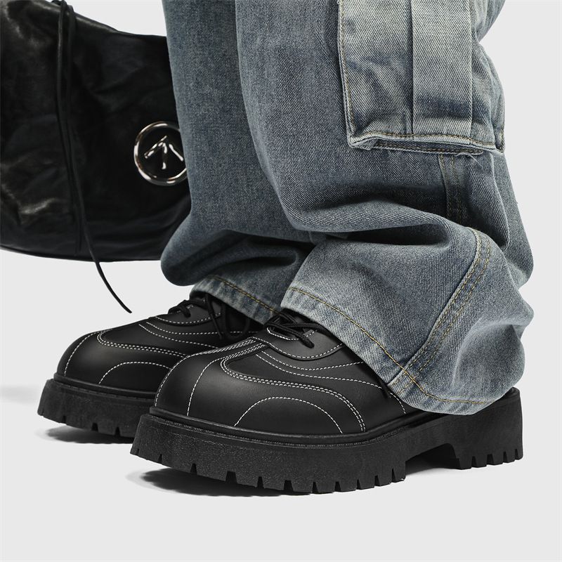 Men's Black Casual Derby Shoes With Round Toe & Thick Sole For Height Increase – Stylish & Comfortable Low-Top Shoes_voghion.com