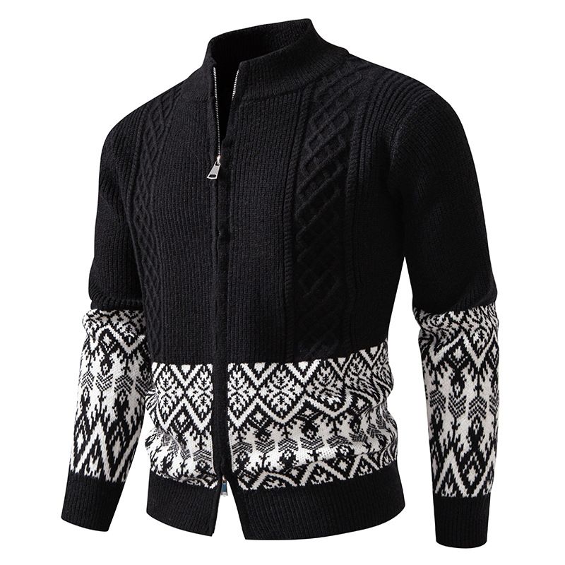 Herren-Strickpullover mit Reißverschluss und Stehkragen in Übergröße, Retro-Jacquard, lässiger Pullover-Cardigan für den Winter, modisch und bequem_voghion.com