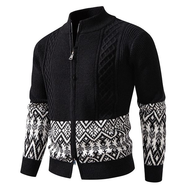 Herren-Strickpullover mit Reißverschluss und Stehkragen in Übergröße, Retro-Jacquard, lässiger Pullover-Cardigan für den Winter, modisch und bequem_voghion.com