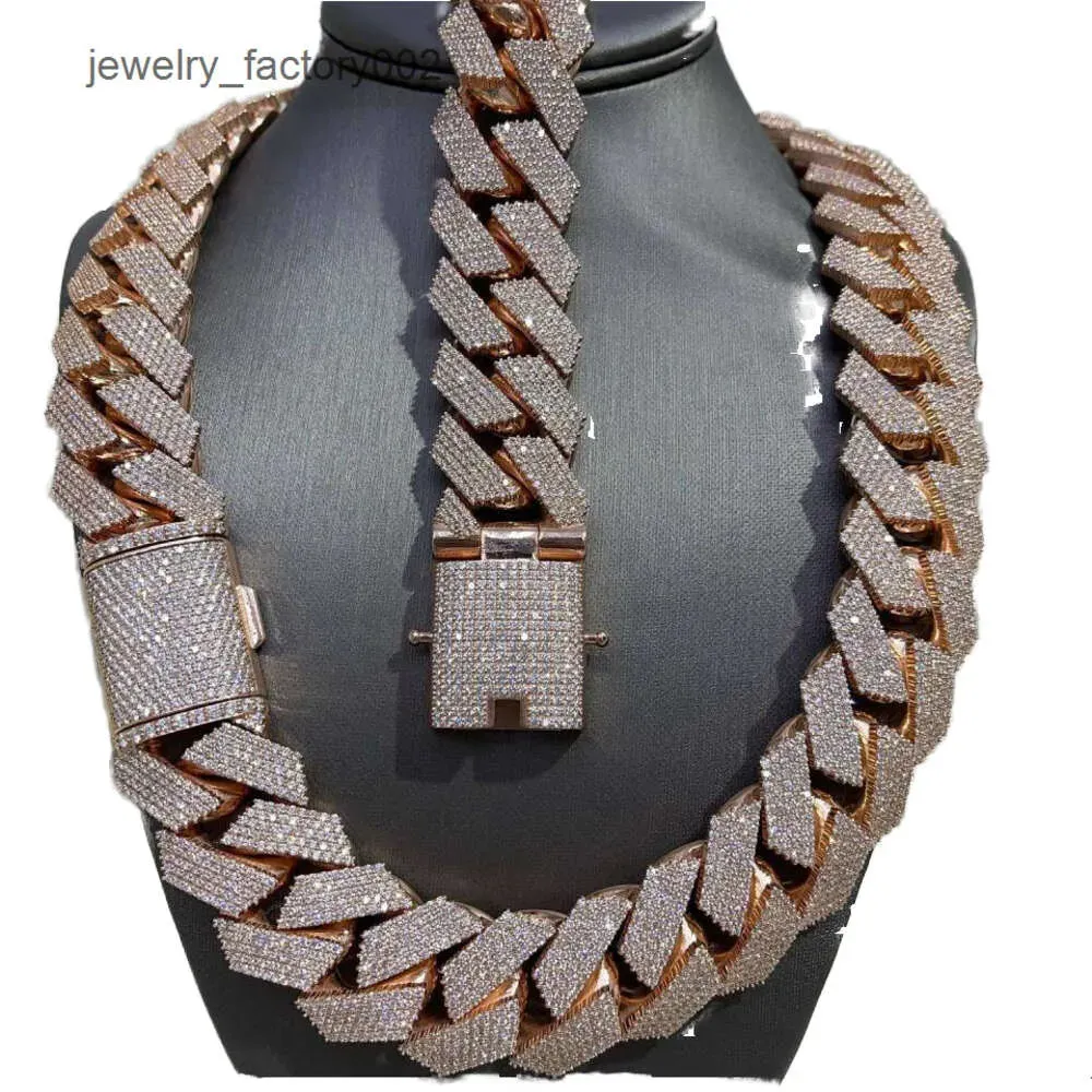 Vollständig vereister MOISSANITE 20 mm kubanische Glieder-Hip-Hop-Kette, rosévergoldet, mehrere Größen erhältlich, mit Diamant-Pass-Tester_voghion.com